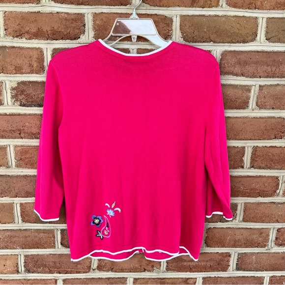 Pink and white embroidered button down cardigan lightweight sweater. PS - Picture 2 of 6
